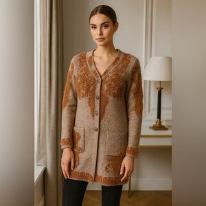 Boho Luxe Longline Embroidered Cardigan – Neutral/Rust